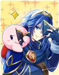  1girl blue_eyes blue_hair cape copy_ability fingerless_gloves fire_emblem fire_emblem:_kakusei gloves kaidou_mitsuki kirby kirby_(series) long_hair looking_at_viewer lucina mask nintendo simple_background super_smash_bros. super_smash_bros._ultimate tiara white_background 