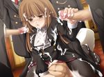  5boys artist_request blush brown_eyes brown_hair bukkake censored cum cum_on_clothes cum_on_hair facial goatman handjob hetero long_hair multiple_boys multiple_penises open_mouth pantyhose penis sex umineko_no_naku_koro_ni ushiromiya_rosa 