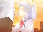  1boy 1girl blowjob embarrassed eyes_closed fellatio game_cg hand_on_head oral public school_uniform shiraki_aeka short_hair sky uncensored white_hair yume_miru_kusuri 