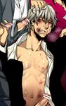  beaten blood bruise censored clenched_teeth cum formal group_sex hair_pull handjob injury makuro male_focus multiple_penises narukami_yuu navel open_clothes open_shirt penis persona persona_4 pointless_censoring rape shirt short_hair silver_hair suit tears teeth wince yaoi 