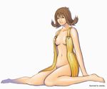  1girl bare_shoulders barefoot breasts brown_hair dress feet female final_fantasy final_fantasy_viii flat_chest full_body green_eyes midriff navel nipples omataku open_clothes open_dress selphie_tilmitt short_hair sitting small_breasts solo white_background 