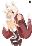  1girl animal_ears azur_lane fang female japanese_clothes platform_clogs platform_footwear satsuyo short_hair shouhou_(azur_lane) smile socks solo squatting topknot v 