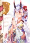  1girl :d animal bangs blue_sky blurry blurry_background blush boar chinese_zodiac cloud cloudy_sky commentary_request day depth_of_field eyebrows_visible_through_hair fate/grand_order fate_(series) fingernails floral_print flower hair_between_eyes hair_flower hair_ornament hands_up highres horns japanese_clothes jewelry kimono konka long_hair looking_at_animal looking_away looking_up nail_polish obi oni oni_horns open_mouth orange_nails outdoors own_hands_together palms_together praying print_kimono purple_flower red_eyes red_flower ring sash silver_hair sky smile solo tomoe_gozen_(fate/grand_order) white_flower white_kimono year_of_the_pig 