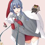  :d akahi242 bag blue_eyes blue_hair dress eyebrows_visible_through_hair fur-trimmed_sleeves fur_trim gloves gotland_(kantai_collection) grey_coat grey_gloves hair_bun hat holding holding_bag kantai_collection long_hair looking_at_viewer mole mole_under_eye open_mouth pink_background red_dress red_hat santa_hat sheep simple_background smile thighhighs white_legwear 