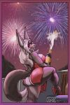  anthro big_breasts big_butt bottle breasts butt canid canine canis clothed clothing duase female fireworks hi_res high_heels mammal no_underwear solo step_pose wolf 