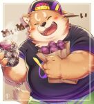  2021 anthro belly brown_body brown_fur canid canine canis clothing cute_fangs domestic_dog eyes_closed fur hat headgear headwear hinami humanoid_hands japanese_text kemono male mammal overweight overweight_male shirt solo text topwear 