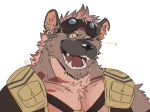  2021 another_eidos_of_dragon_vein_r anthro bearwivme black_nose brown_body brown_fur chest_tuft clothed clothing eyebrows eyewear eyewear_on_head fangs fur goggles goggles_on_head hair hyaenid male mammal multicolored_body multicolored_fur muscular muscular_anthro muscular_male nitro_(anothereidos_r) one_eye_closed open_mouth pecs signature simple_background solo tan_body tan_eyebrows tan_fur tan_hair teeth tongue tuft two_tone_body two_tone_fur white_background yellow_eyes 