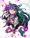  1girl \m/ asymmetrical_legwear bangs black_hair black_skirt blue_hair blush breasts danganronpa_(series) danganronpa_2:_goodbye_despair ear_piercing eyebrows_visible_through_hair hair_horns heart heart-shaped_pupils highres jewelry long_hair looking_at_viewer medium_breasts mioda_ibuki mismatched_legwear multicolored_hair necklace one_eye_closed piercing pink_eyes pink_hair pleated_skirt scar school_uniform serafuku shirt sireia_round skirt smile solo stitches symbol-shaped_pupils tattoo thighhighs torn_clothes torn_legwear white_hair 