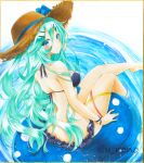  1girl armlet bangs bare_legs barefoot bikini commentary_request green_hair hair_between_eyes hair_flaps hair_ornament hairclip hat highres innertube kantai_collection long_hair looking_at_viewer looking_back marker_(medium) parted_bangs ponytail rano_(u_rano) ribbon sidelocks sitting smile solo straw_hat swimsuit traditional_media yamakaze_(kancolle) 