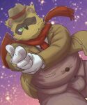  2021 anthro bottomwear brown_body brown_fur bulge canid canine clothing fur hat headgear headwear hi_res humanoid_hands kemono male mammal necktie one_eye_closed overweight overweight_male pants raccoon_dog rockmai3 scarf sengoku_puzzle shirt solo tanuki tokugawa_ieyasu topwear wink 