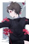  1boy ahoge bangs black_jacket black_pants brown_hair commentary_request danganronpa_(series) danganronpa_2.5:_nagito_komaeda_and_the_world_vanquisher danganronpa_2:_goodbye_despair flower from_behind glitch grey_background hatching_(texture) highres hinata_hajime jacket looking_at_viewer male_focus outstretched_arms pants profile red_eyes red_flower red_hair short_hair solo upper_body ziling 