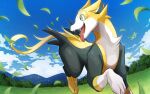  boltund cloud commentary_request day fangs grass green_eyes hakuginnosora highres hill leaves_in_wind looking_back no_humans open_mouth outdoors pokemon pokemon_(creature) running sky solo tongue tongue_out tree 