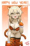  1girl 2022 absurdres animal_ears animal_print bikini blonde_hair breasts chinese_zodiac cleavage dated english_text genshin_impact gloves happy_new_year highres large_breasts lumine_(genshin_impact) new_year open_mouth orange_bikini orange_gloves orange_legwear ryle swimsuit tail thighhighs thighs tiger_ears tiger_print tiger_tail year_of_the_tiger yellow_eyes 