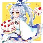  +_+ 1girl ahoge artist_name blue_skirt blush bow cake cake_slice eyebrows_visible_through_hair food food_on_hand frilled_skirt frills fruit hat japanese_clothes kamome kariginu layered_clothing licking licking_finger long_hair mononobe_no_futo plate pom_pom_(clothes) ponytail ribbon ribbon-trimmed_sleeves ribbon_trim simple_background skirt star_(symbol) strawberry strawberry_shortcake tate_eboshi touhou two-tone_background very_long_hair wide-eyed yellow_background yellow_eyes 