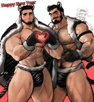  2boys abs animal_ears armband bara bare_pectorals beard black_cape black_gloves black_hair black_male_underwear black_vest blush briefs bulge cape condom condom_in_mouth condom_wrapper facial_hair gloves happy_new_year heart heart_hands highres jang_ju_hyeon large_pectorals looking_at_viewer male_focus male_underwear mouth_hold multiple_boys muscular muscular_male navel navel_hair new_year nipples open_clothes open_vest original pectorals short_hair tail thick_eyebrows thick_thighs thighs tiger_boy tiger_ears tiger_tail underwear vest 
