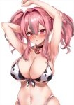  1girl animal_print armpits arms_up azur_lane bangs bikini black_choker blush breasts bremerton_(azur_lane) choker cleavage cow_print eyebrows_visible_through_hair front-tie_bikini front-tie_top grey_hair hair_between_eyes large_breasts marisasu_(marisa0904) mole mole_on_breast multicolored_hair navel navel_piercing open_mouth pendant_choker piercing pink_eyes raised_eyebrows red_nails sidelocks simple_background skindentation solo streaked_hair swimsuit twintails two-tone_hair upper_body white_background 