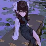  1girl black_dress brown_eyes brown_hair case closed_mouth crossed_legs dress earrings feet_out_of_frame fkey hair_over_shoulder jewelry lily_pad long_hair long_sleeves looking_at_viewer ofuda original sitting socks solo upturned_eyes white_legwear yin_yang yin_yang_earrings 