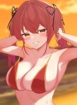  1girl absurdres bangs bikini bikini_pull bikini_top black_ribbon blurry blurry_background blush breasts cleavage clothes_pull collarbone gold_trim grin hair_ribbon hands_up heterochromia highres hololive houshou_marine large_breasts nannann red_bikini red_eyes red_hair ribbon skindentation smile solo sunset swimsuit teeth twintails untied untied_bikini upper_body wet yellow_eyes yellow_sky 