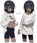  1girl artist_name bike_shorts black_hair clothes_lift cowboy_shot dark_skin long_sleeves multiple_persona navel original red_eyes shirt_lift shisoneri short_hair 