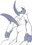  2021 absol anthro athletic butt claws female fur genitals hi_res horn lakeslug looking_back looking_down low-angle_view neck_tuft nintendo pok&eacute;mon pok&eacute;mon_(species) pussy red_eyes simple_background solo tuft video_games white_background white_body white_fur worm&#039;s-eye_view 