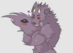  &lt;3 anthro bathym biceps black_sclera blush canid canine canis demon digital_media_(artwork) ear_tuft embrace eyes_closed fleshformomo fur half-length_portrait hi_res horn hug kemono lifewonders long_tail male mammal mane muscular muscular_anthro muscular_male nude portrait purple_body purple_fur red_eyes self_hug simple_background solo standing tail_eye tail_hug tokyo_afterschool_summoners tongue tuft video_games white_background wolf x3 