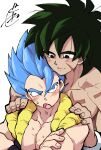  2boys black_eyes black_hair blue_hair blush broly_(dragon_ball_super) dark-skinned_male dark_skin dragon_ball dragon_ball_super embarrassed gogeta gureshi_db hands_on_another&#039;s_shoulders head_on_head head_rest male_focus medium_hair multiple_boys muscular muscular_male pectoral_cleavage pectorals scar scar_on_chest short_hair spiked_hair super_saiyan super_saiyan_blue sweatdrop thick_eyebrows upper_body yaoi 