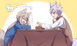  1boy 1girl :d animal_ear_fluff animal_ears arknights bangs basket blood blue_sweater blush cardigan_(arknights) closed_eyes dog_ears dog_girl dog_tail facing_another food fox_boy fox_ears fox_tail from_side fruit holding holding_food index_finger_raised kotatsu long_sleeves looking_at_another looking_at_viewer low_ponytail mandarin_orange minowa_sukyaru open_mouth profile purple_eyes purple_hair shirt short_hair side_ponytail sideways_mouth sitting smile steward_(arknights) sweater sweater_vest table tail translated two-tone_background v-shaped_eyebrows white_shirt 