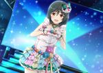  absurdres ankle_flower bangs black_hair collarbone dark_green_hair fang frilled_straps gloves highres kamesys love_live! love_live!_nijigasaki_high_school_idol_club love_u_my_friends mifune_shioriko orange_eyes rainbow_skirt red_eyes short_hair stage swept_bangs white_gloves 