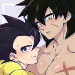  2boys :o black_eyes black_hair blush broly_(dragon_ball_super) brown_eyes dark-skinned_male dark_skin dragon_ball dragon_ball_super gogeta gureshi_db male_focus medium_hair multiple_boys muscular muscular_male pectorals scar scar_on_cheek scar_on_chest scar_on_face short_hair slit_pupils smile spiked_hair stomach thick_eyebrows upper_body yaoi 