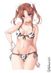  1girl animal_print bangs bikini bow breasts brown_hair collarbone cow_print cowboy_shot ebifurya eyebrows_visible_through_hair front-tie_top gloves hair_bow hand_on_hip highres kagerou_(kancolle) kantai_collection long_hair looking_at_viewer medium_breasts navel one-hour_drawing_challenge parted_bangs purple_eyes side-tie_bikini swimsuit twintails twitter_username white_background white_bow white_gloves 