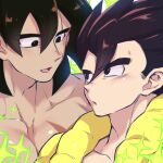  2boys :o black_eyes black_hair blush broly_(dragon_ball_super) dark-skinned_male dark_skin dragon_ball dragon_ball_super eye_contact eyebrows_visible_through_hair face gogeta gureshi_db looking_at_another male_focus medium_hair multiple_boys muscular muscular_male pectorals scar scar_on_chest short_hair smile spiked_hair thick_eyebrows upper_body yaoi 