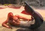  3d_(artwork) amannamedn beach digital_media_(artwork) feral fin fish hi_res human lying male mammal marine mid_transformation outside seaside shark snout solo thick_tail transformation water 