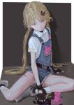  1girl belt black_belt black_choker black_gloves blonde_hair blue_overalls choker closed_mouth fingerless_gloves fkey gloves grey_footwear hair_ornament highres long_hair looking_at_viewer low_twintails original overall_shorts overalls shoes socks solo twintails very_long_hair white_legwear yellow_eyes 