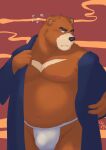  2021 anthro asian_clothing belly black_nose brown_body brown_fur bulge clothing east_asian_clothing fundoshi fur hi_res humanoid_hands japanese_clothing juuichi_mikazuki kemono kumadasi male mammal moobs morenatsu nipples overweight overweight_male solo underwear ursid video_games visual_novel white_clothing white_fundoshi white_underwear 