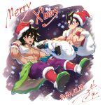  2boys abs bara black_eyes black_hair blush broly_(dragon_ball_super) dark-skinned_male dark_skin dated dragon_ball dragon_ball_super floating full_body fur_(clothing) gogeta gureshi_db hat highres leggings male_focus medium_hair merry_christmas multiple_boys muscular muscular_male navel nipples pectoral_cleavage pectorals purple_legwear santa_costume santa_hat scar scar_on_chest short_hair smile spiked_hair stomach thick_eyebrows topless_male 