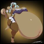  2019 accessory anthro basket belly big_belly big_breasts bird_dog black_border blue_hair border bottomwear breasts brown_body brown_eyes brown_fur candy canid canine canis cleavage clothed clothing cocker_spaniel container deonwolf dessert domestic_dog female fishnet fishnet_legwear floppy_ears fluffy fluffy_ears fluffy_tail food frilly fur garter_straps gloves gradient_background hair handwear headband hi_res huge_breasts hunting_dog hyper hyper_belly hyper_pregnancy legwear mammal navel paws pippi_piper pregnant raised_leg signature simple_background skirt smile solo spaniel teeth thick_thighs tongue topwear 