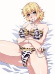  1girl animal_print bed_sheet bikini blonde_hair blush breasts commentary_request cow_print eyebrows_visible_through_hair green_eyes highres large_breasts looking_at_viewer mizuhashi_parsee mouth_hold ootsuki_wataru pointy_ears print_bikini short_hair simple_background sitting solo sweatdrop swimsuit thighs tiger_print touhou white_background white_bikini yellow_bikini 