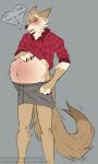  anthro blush bottomwear canid canine canis clothing coyote fetal_kick gutzkinq hand_on_stomach hi_res male mammal pregnant pregnant_male shirt shorts solo speech_bubble standing text topwear 