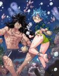  1boy 1girl abs animal ass bangs barefoot bead_bracelet beads black_hair blue_background blue_hair blue_male_swimwear bracelet breasts cat diving diving_mask fairy_tail fish gajeel_redfox goggles grin holding jellyfish jewelry levy_mcgarden long_hair muscular muscular_male necklace pantherlily pectorals rusky small_breasts smile teeth underwater 