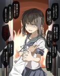  admiral_(kancolle) blue_sailor_collar blue_skirt brown_hair commentary_request eyebrows_visible_through_hair fire fubuki_(kancolle) hair_between_eyes hand_on_another&#039;s_arm highres holding kantai_collection kirisaki_seeker long_hair long_sleeves open_mouth pleated_skirt sailor_collar school_uniform serafuku shaded_face short_sleeves sidelocks skirt speech_bubble translation_request white_uniform yellow_eyes 