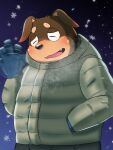  2021 anthro black_nose blush bodily_fluids brown_body brown_fur canid canine canis clothing domestic_dog eyes_closed fur gloves handwear hi_res kemono male mammal outside slightly_chubby snow snowing solo sweat takkusk 