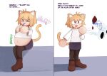  animal_humanoid belly big_belly blonde_hair blush bodily_fluids boots bottomwear cat_humanoid clothed clothing deep_navel dialogue disembodied_hand drooling duo english_text eyes_closed featureless_hands felid felid_humanoid feline feline_humanoid female female_focus footwear front_view hair hi_res holding_glass holding_object humanoid humanoid_focus legwear mammal mammal_humanoid milk navel neco-arc open_mouth open_smile overweight overweight_female overweight_humanoid pale_skin pepsi pilk raised_clothing raised_shirt raised_topwear red_eyes right_to_left rumbling_stomach saliva shirt simple_background sitting skirt smile solo_focus standing text topwear tsuchiinokocoin weight_gain 