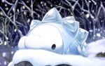  animal_focus bare_tree black_eyes commentary_request hakuginnosora highres lying night no_humans on_stomach outdoors pokemon pokemon_(creature) snom snow snowing solo tree 