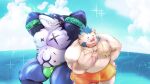  2021 anthro belly blue_body brown_body bulge clothing cloud duo fish gouryou hi_res hunmut kemono lifewonders male mammal marine moobs musclegut nipples outside overweight overweight_male shark suid suina sus_(pig) swimwear tokyo_afterschool_summoners typhon video_games water white_body wild_boar 