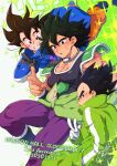  3boys :d anniversary black_eyes black_hair blush broly_(dragon_ball_super) dark-skinned_male dark_skin dragon_ball dragon_ball_super falling gureshi_db highres leggings male_focus medium_hair multiple_boys muscular muscular_male official_alternate_costume pectoral_cleavage pectorals purple_legwear saiyan_armor scar scar_on_cheek scar_on_chest scar_on_face short_hair smile son_goku sparkle spiked_hair thick_eyebrows v vegeta 