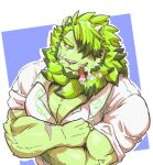  2021 another_eidos_of_dragon_vein_r anthro biceps cigar clothed clothing colored debirobu eyebrows facial_scar felid fur green_body green_eyebrows green_eyes green_fur green_mane hair hair_over_eye leonhart_(anothereidos_r) lion male mammal mane muscular muscular_anthro muscular_male one_eye_obstructed pantherine pecs pink_nose scar shirt smoke smoking solo thick_eyebrows topwear 