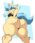  2021 anthro anthrofied big_butt black_nose blue_body blue_eyes blue_fur blue_hair bottomless bra butt butt_focus clothed clothing eeveelution fan_character fur girly hair hi_res huge_butt male multicolored_body multicolored_fur nintendo pok&eacute;mon pok&eacute;mon_(species) shiny_pok&eacute;mon shirt shooty short_stack simple_background solo sports_bra sssonic2 sylveon tan_body tan_fur thick_thighs topwear two_tone_body two_tone_fur underwear video_games 