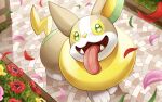  commentary_request day fangs flower grass green_eyes hakuginnosora highres looking_up no_humans open_mouth outdoors petals pokemon pokemon_(creature) red_flower shadow solo standing tongue tongue_out yamper 