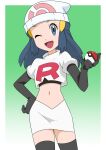  1girl ;d beanie black_gloves boots border commentary_request cosplay dawn_(pokemon) elbow_gloves eyelashes gloves green_background grey_eyes hainchu hand_on_hip hat highres holding holding_poke_ball jacket jessie_(pokemon) jessie_(pokemon)_(cosplay) logo long_hair navel one_eye_closed open_mouth poke_ball poke_ball_(basic) pokemon pokemon_(anime) pokemon_swsh_(anime) skirt smile solo team_rocket team_rocket_uniform thigh_boots thighhighs tongue white_border white_headwear white_jacket white_skirt 