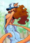  2021 anthro baseball_cap breasts brown_hair butt_pose clothed clothing conditional_dnp domestic_cat felid feline felis female fur hair hands_in_pockets hat hat_over_eyes headgear headwear jollyjack mammal orange_body orange_fur outside overalls plant pockets pose side_boob solo tan_body tan_fur topless tree 